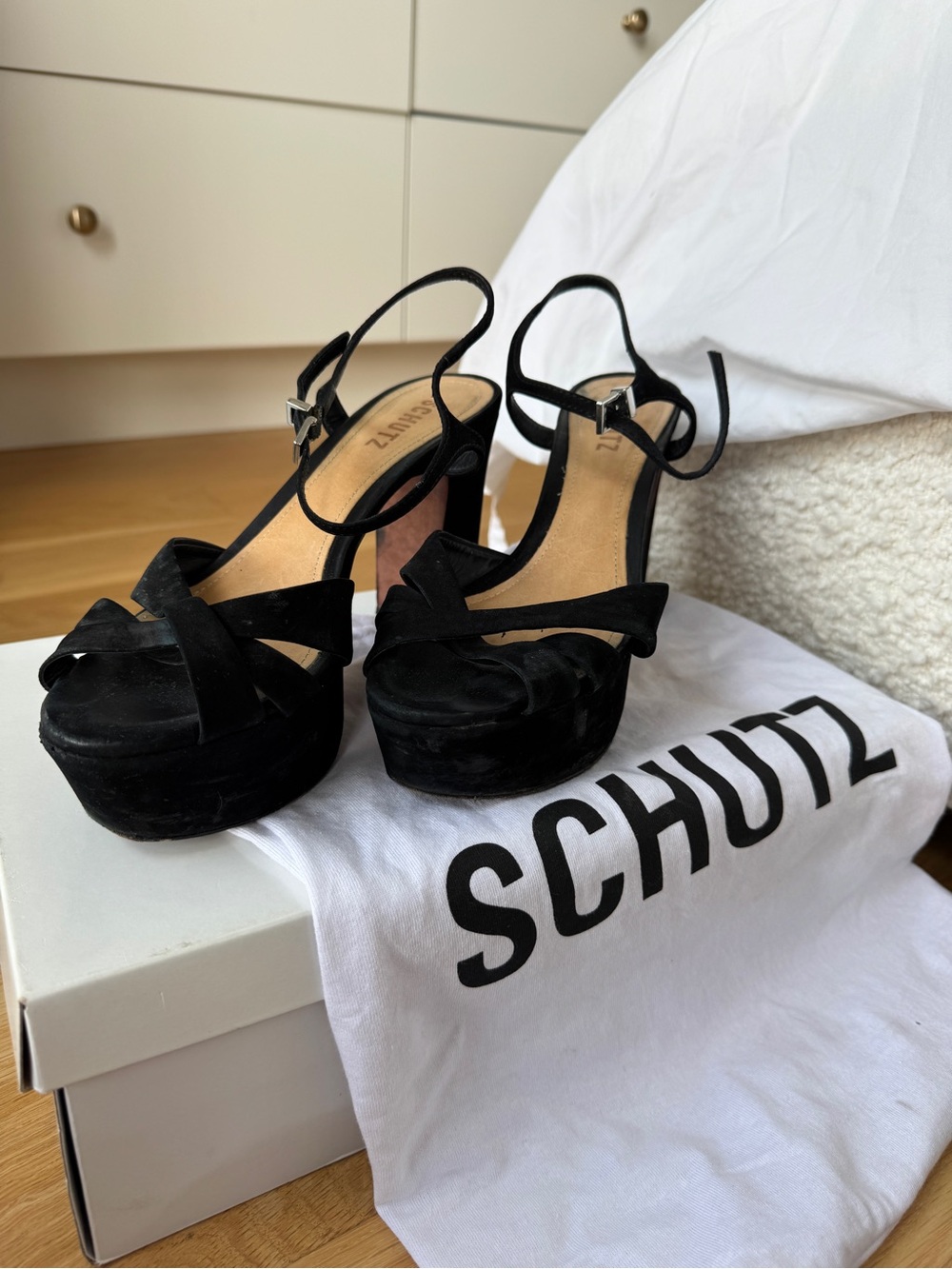 SCHUTZ Black Suede Platform Sandals with Ankle Strap